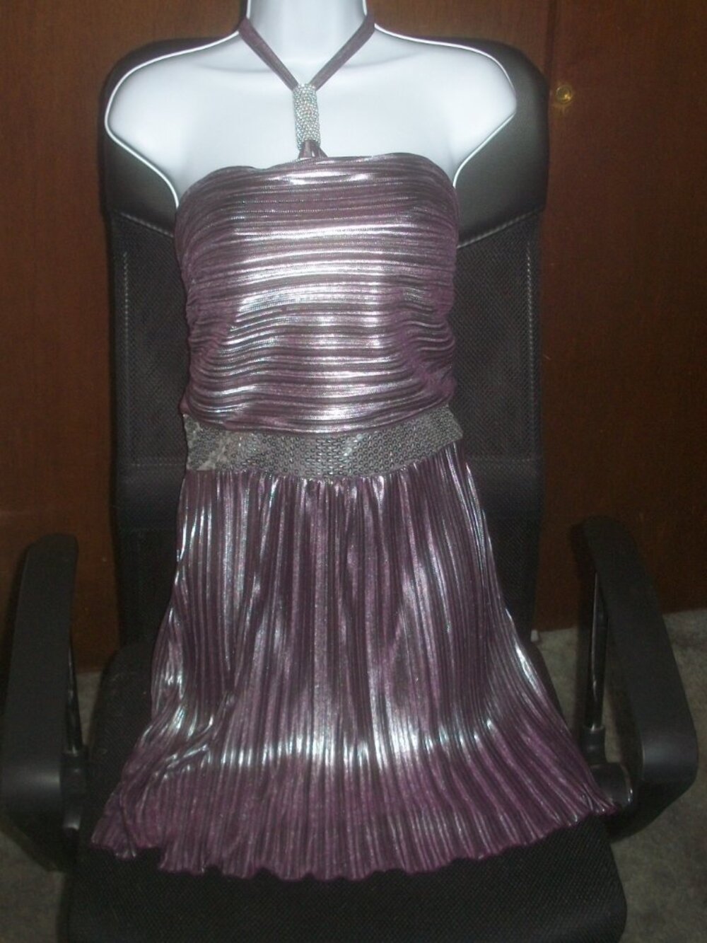 womens shiny dress.purple/silver.pleated.size large